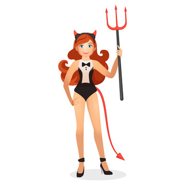 Redhead woman in devil costume with big trident