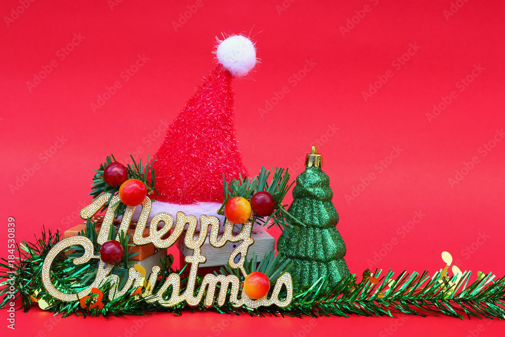 Poster merry christmas with gift and decoration on red for pattern and background