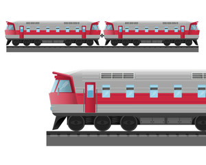 Modern train with solid metal corpus drives on rails