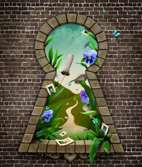 Fantastic bizarre fabulous keyhole in  brick wall in  whimsical garden fairy tale Wonderland