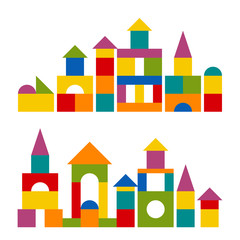 Bright colorful wooden blocks toy. Bricks childrens building tower, castle, house. Vector flat style illustration isolated on white background.
