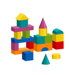 Bright colorful wooden blocks toy. Bricks childrens building tower, castle, house. Vector volume style illustration isolated on white background.