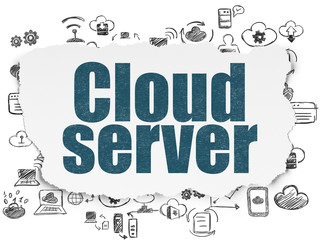 Cloud computing concept: Painted blue text Cloud Server on Torn Paper background with  Hand Drawn Cloud Technology Icons