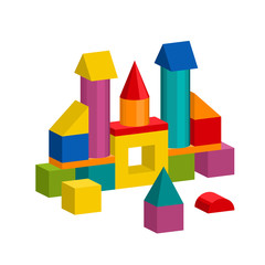 Bright colorful wooden blocks toy. Bricks childrens building tower, castle, house. Vector volume style illustration isolated on white background.