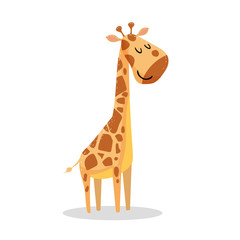 Naklejka premium Kreskówka modny design mała żyrafa z zamkniętymi oczami. Ikona ilustracja wektora dzikich zwierząt afrykańskich.
