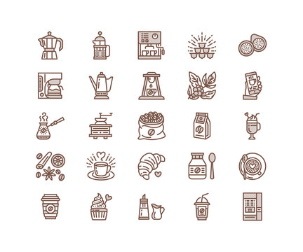 Coffee making equipment vector line icons. Tools - moka pot, french press, grinder, espresso, vending, plant. Linear restaurant, shop pictogram with editable stroke for menu. Pixel perfect 64x64.