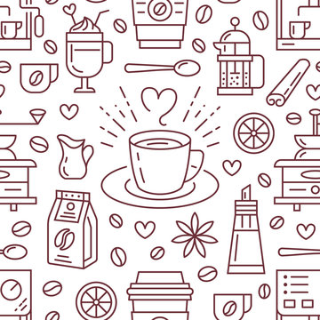 Fototapeta Seamless pattern of coffee, vector background. Cute beverages, hot drinks flat line icons - coffeemaker machine, beans, cup, grinder. Repeated texture for cafe menu, shop wrapping paper.