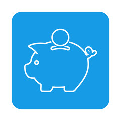 Icono plano linea hucha con moneda en cuadrado azul