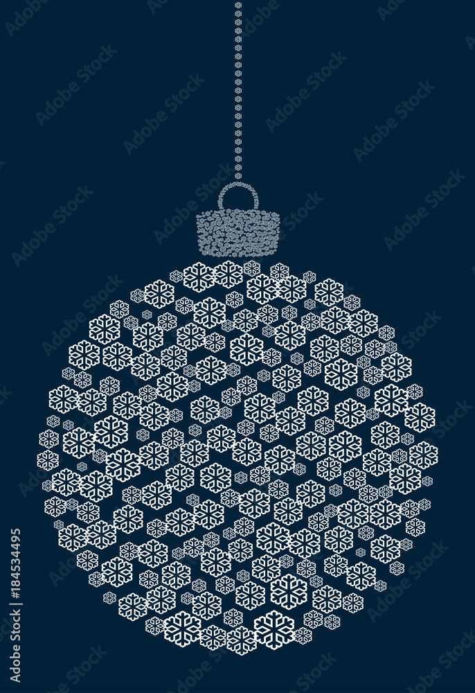 Poster vector hanging abstract christmas ball consisting of line snowflake icons on dark blue background