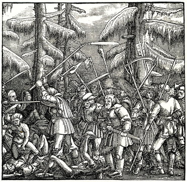 Fighting peasants at German Peasants' War - woodcut by Hans Luetzelburger, after Holbein the Younger (from Spamers Illustrierte Weltgeschichte, 1894, 5[1], 245)