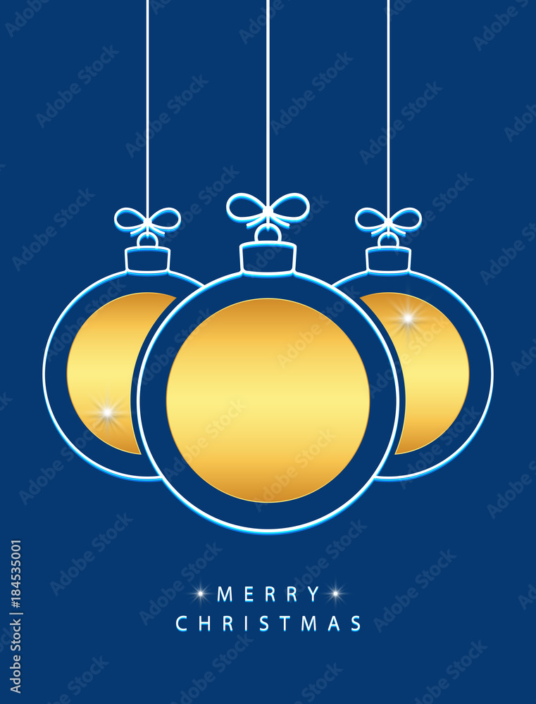 Poster merry christmas! vector hanging abstract line christmas balls with golden circles & snowflakes on a 