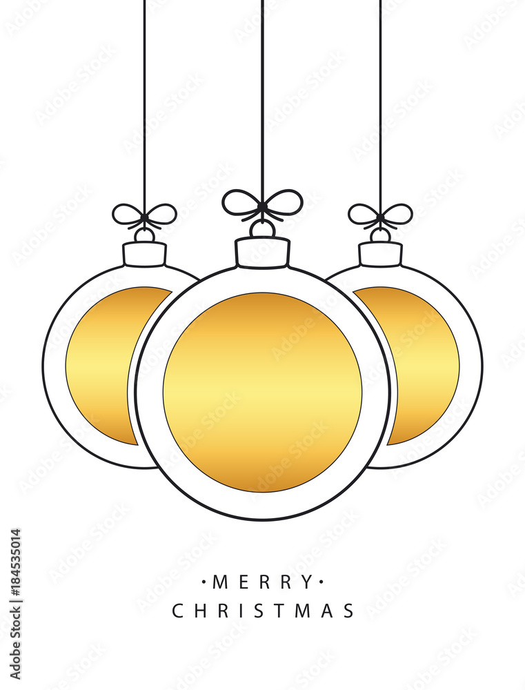 Poster Merry Christmas! Vector hanging abstract line Christmas balls with golden circles on a string with a bow on a white background.