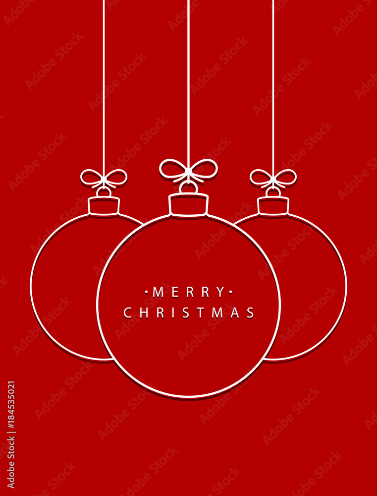 Poster Merry Christmas! Vector hanging abstract line Christmas balls on a string with a bow with shadow on a red background.