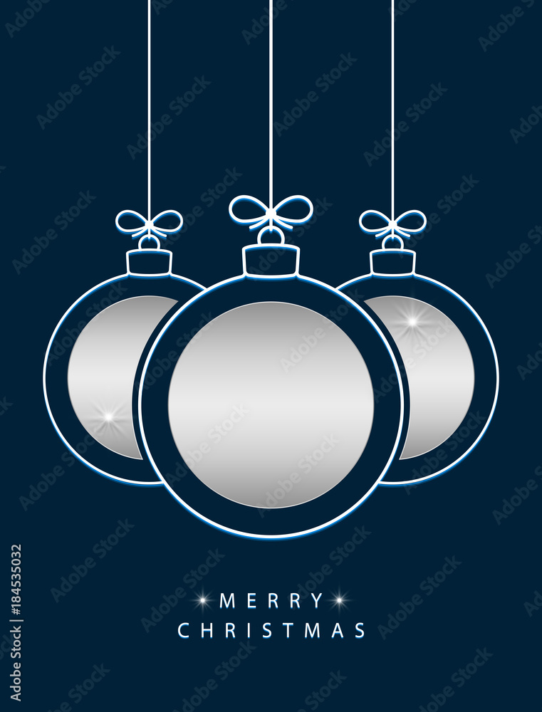 Poster merry christmas! vector hanging abstract line christmas balls with silver circles & snowflakes on a 