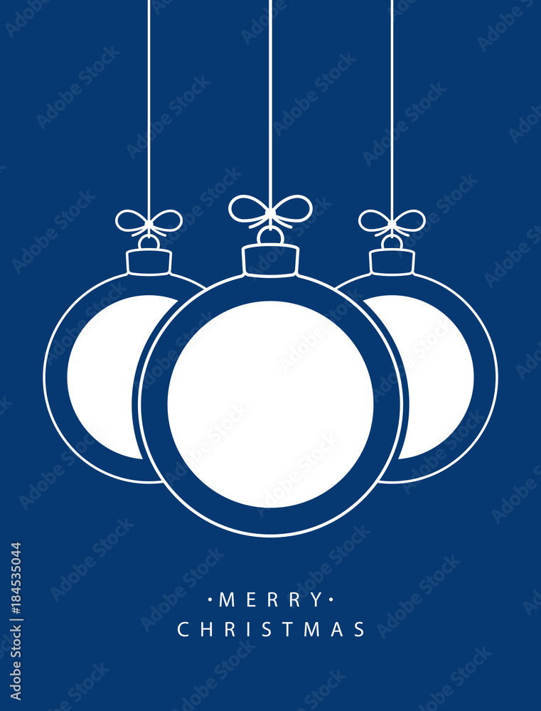 Poster Merry Christmas! Vector hanging abstract line Christmas balls with white circles on a string with a bow on a blue background.