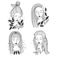 Set of an ink hand drawn girls portraits with different hairstyle. Cartoon black and white vector illustration.