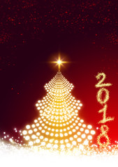 Glowing Christmas tree with star and snow. Happy New 2018 Year background .