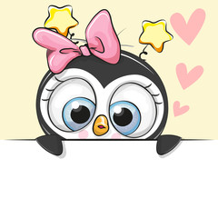 Fototapeta premium Greeting card cute Cartoon Penguin Girl