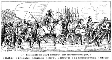 Landsknechts from tomb of Francis I of France iMusketeer kEnsign lHauptmann mOberst nHallebardier oDrummer pPipe-player, qArquebusier  (from Spamers Illustrierte Weltgeschichte, 1894, 5[1], 259)