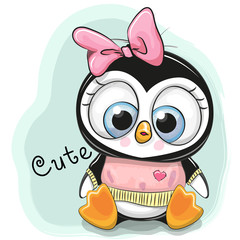 Naklejka premium Cute Cartoon Penguin on a blue background