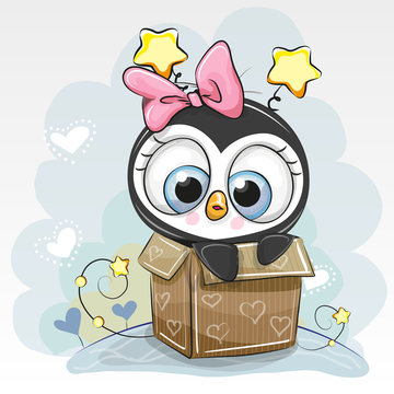 Birthday card with a Cute Cartoon Penguin girl