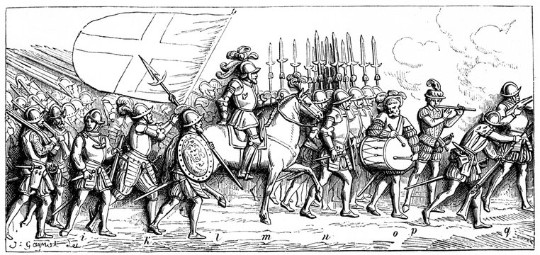 Landsknechts from tomb of Francis I of France iMusketeer kEnsign lHauptmann mOberst nHallebardier oDrummer pPipe-player, qArquebusier  (from Spamers Illustrierte Weltgeschichte, 1894, 5[1], 259)