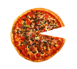 colorful tasty pizza with olives, pepperoni, ham and pepper, slice removed close-up shot, isolated on a white background