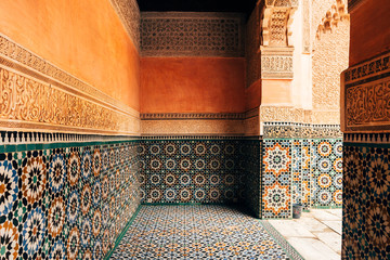 colorful ornamental tiles at moroccan courtyard