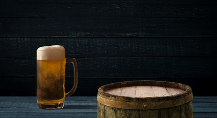 background barrel and worn old table of wood