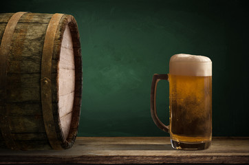 background barrel and worn old table of wood