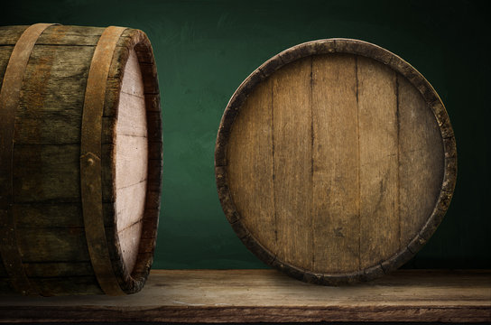 background barrel and worn old table of wood