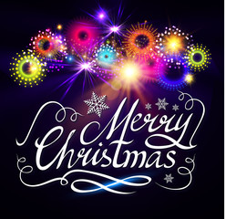 Merry Christmas Calligraphic Lettering with Fireworks. Vector illustraion