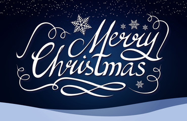 Merry Christmas Calligraphic Lettering with Elegant Gold Effects on Blue Background. Vintage Shining Design. Vector illustraion