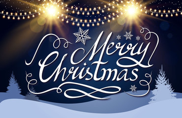 Merry Christmas Calligraphic Lettering with Elegant Gold Effects and Winter Coniferous Forest. Vintage Shining Design. Vector illustraion
