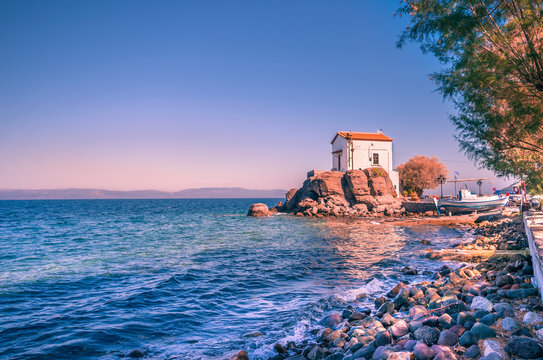 The little church of Panagia gorgona situated on a rock in Skala Sykamias, a picturesque seaside village of Lesvos