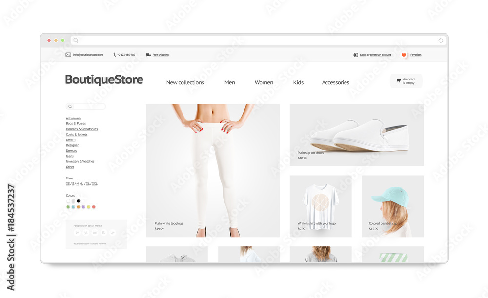Fototapete blank browser window mock up with fashion web store template isolated, 3d illustration. clothing web