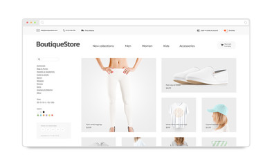 Blank browser window mock up with fashion web store template isolated, 3d illustration. Clothing...