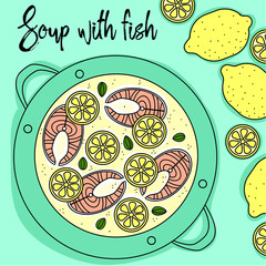 Soup with fish and lemon hand draw