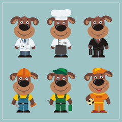 Obraz premium Set of dog in different costumes: builder, sportsman, worker, a doctor, manager, cook. Collection of dog in clothes in cartoon style.