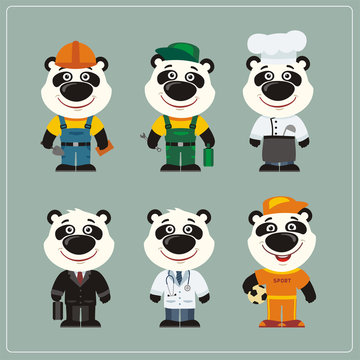 Set of panda bear in different costumes: builder, sportsman, worker, a doctor, manager, cook. Collection of panda in clothes in cartoon style.