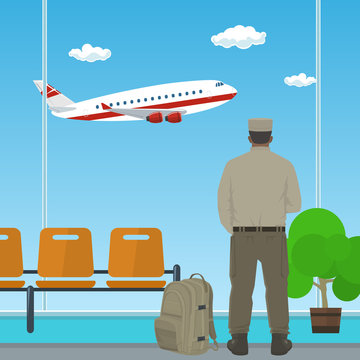 Man in Uniform is Looking out the Window on a Flying Airplane, Waiting Room at the Airport, Travel and Tourism Concept, Passenger Transportation , Vector Illustration