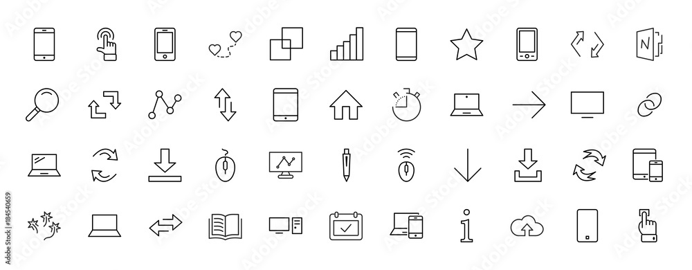 Wall mural Set of smart devices and gadgets, computer equipment and electronics. Electronic devices icons for web and mobile vector line icon. Editable move. 32x32 pixels.