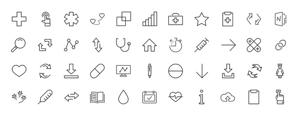 Set of medicine vector line icons. It contains the first aid kit, nurse, syringe, thermometer, plastic, pills, heart, drop of blood, palpitation and much more. Editable move. 32x32 pixels.
