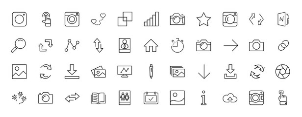 Set of cameras and photo, vector line icons. Contains symbols of portraits and family photos and much more. Editable move. 32x32 pixels.