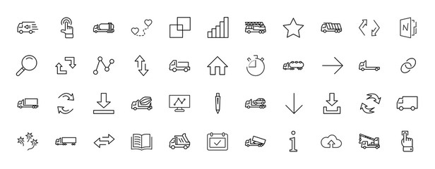 Truck Set of Transport Vector Line Icons. Contains such Icons as Truck, Transportation, Tow Truck, Cranes, Mixer, Garbage Truck, Manipulators, Delivery service and more. Editable Stroke. 32x32 Pixel