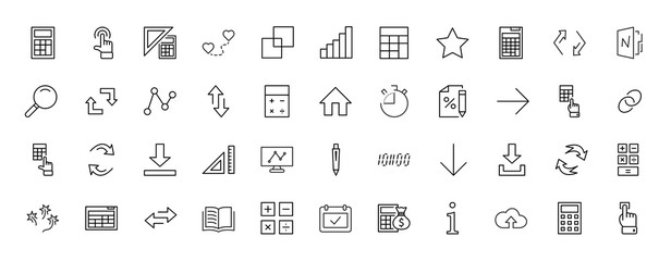 Set of Calculation Vector Line Icons. Contains such Icons as Calculator Icon, Pencil, Click, Money Bag, Percent symbol, Square and Ruler. Editable Stroke. 32x32 Pixel Perfect.