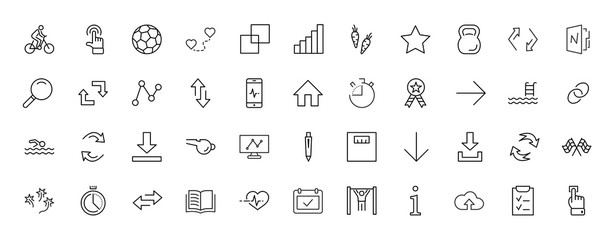 Set of Fitness Vector Line Icons. Contains such Icons as Cycling, Kettlebell Sport, Soccer Ball, Heartbeat, Workout, Stopwatch, Timer, Diet Plan, Sport Nutrition and more. Editable Stroke. 32x32 Pixel