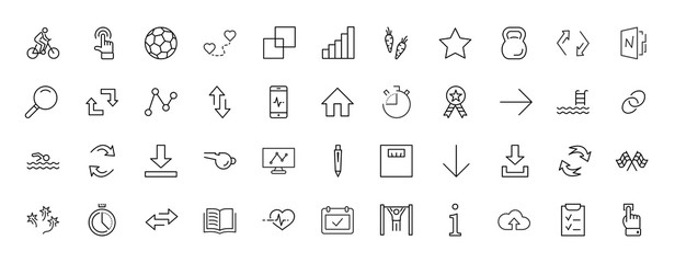 Set of Fitness Vector Line Icons. Contains such Icons as Cycling, Kettlebell Sport, Soccer Ball, Heartbeat, Workout, Stopwatch, Timer, Diet Plan, Sport Nutrition and more. Editable Stroke. 32x32 Pixel