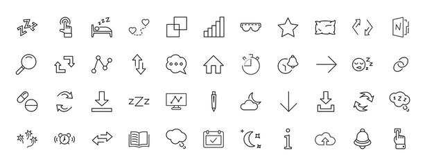 Sleep Vector Line Icons Set. Contains such Icons as Alarm Clock, Bed, Insomnia, Pillow, Sleeping Pills, Bell, Glasses for sleep, Bubble and more. Editable Stroke. 32x32 Pixel Perfect