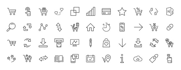 Shopping Cart Vector Line Icons Set: Money, ATM, List Products, Vegetables, Bank Card, Terminal, Bag, Favorite Shopping, Gifts, Express Checkout, Mobile Shop and more. Editable Stroke. 32x32 Pixel